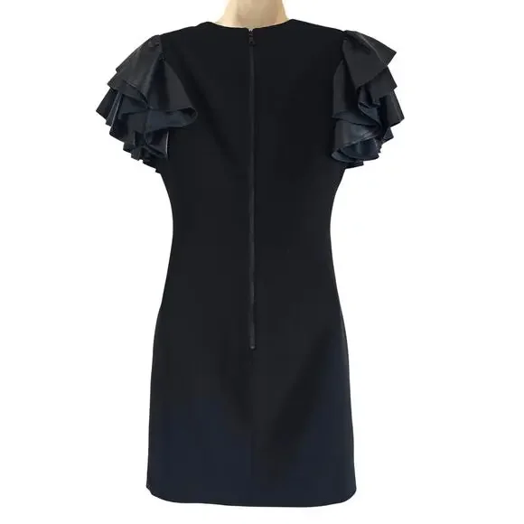 Alice + Olivia Black Eunice Vegan Leather Ruffle-sleeve Mini Dress Size 2 LBD - Picture 4 of 8